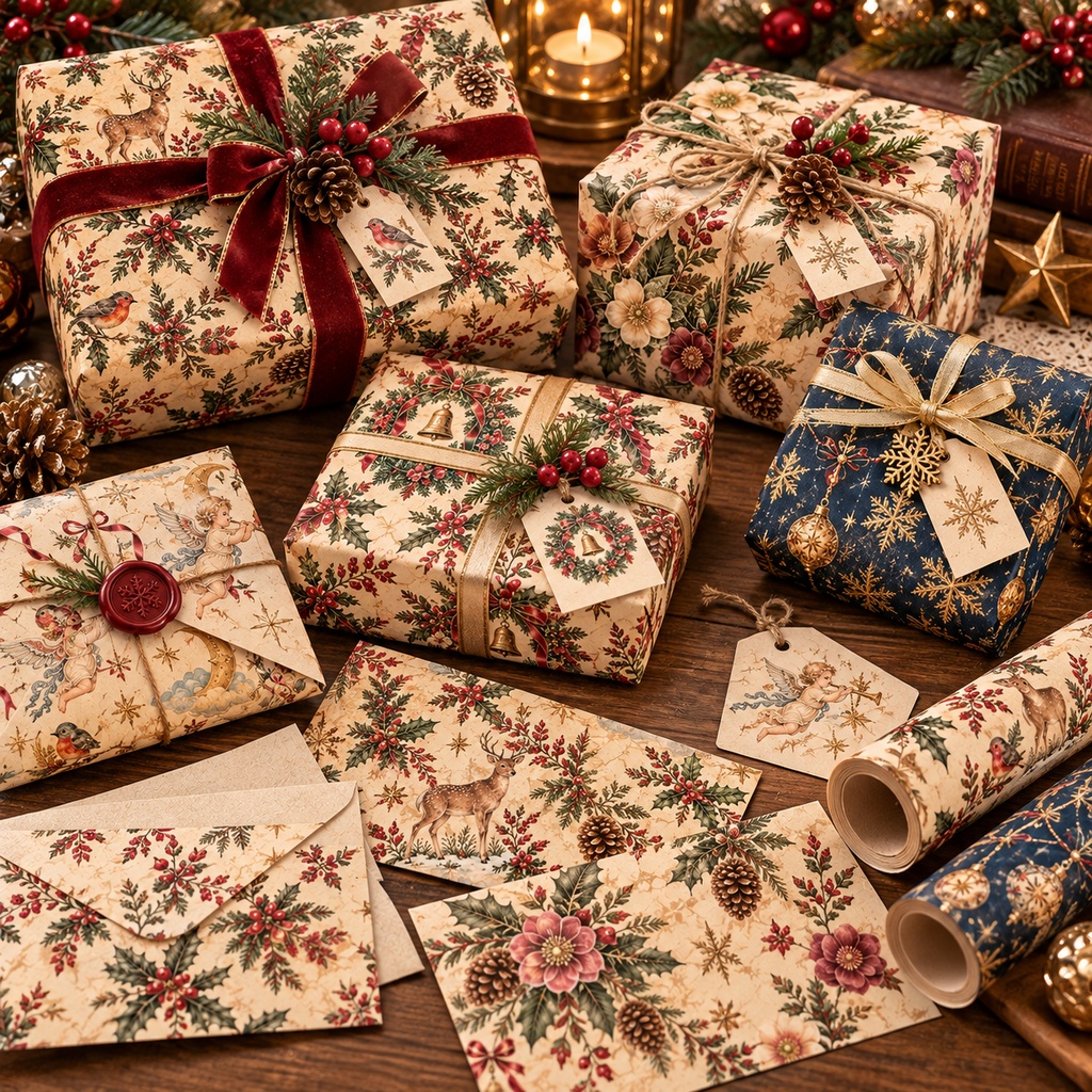 アンティーククリスマス デジタルペーパー 8柄セット|ヴィンテージ・クラシカル・天使・冬の森|デジタル素材