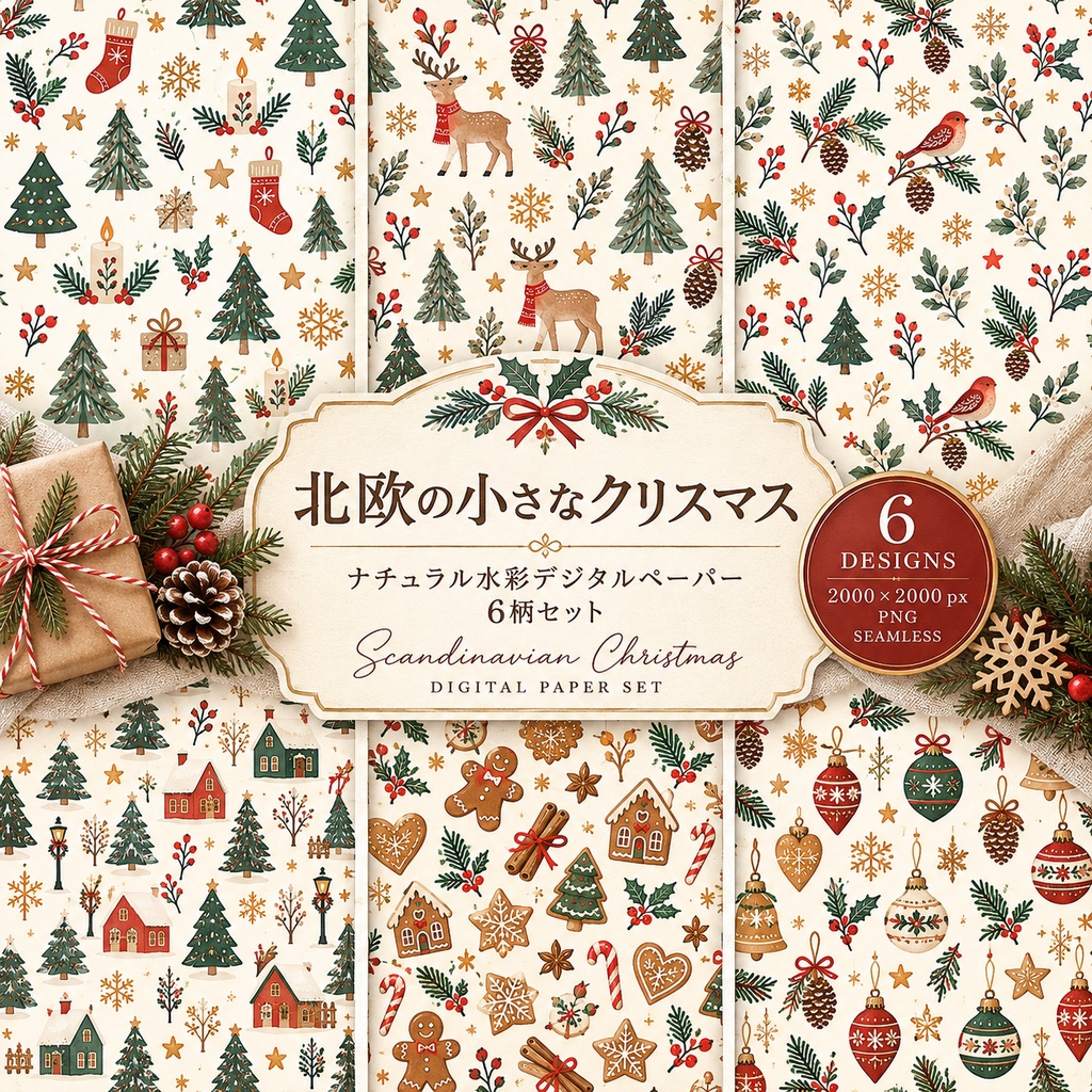 北欧ナチュラル クリスマス デジタルペーパー 6柄セット|水彩・冬・シームレスパターン