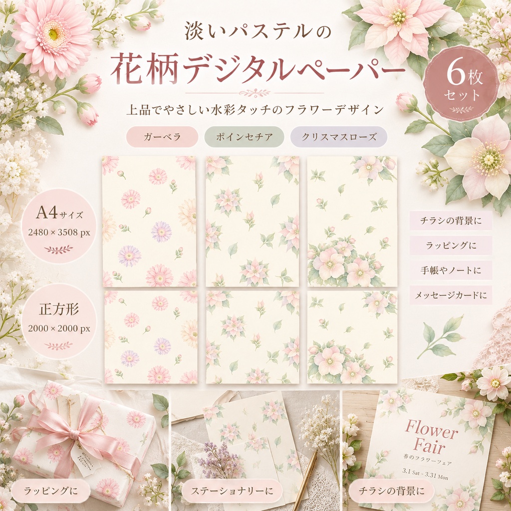 【6枚セット】淡いパステルの花柄デジタルペーパー｜水彩フラワー・ガーベラ・ポインセチア・クリスマスローズ｜A4・300dpi相当＆正方形｜PNG背景素材