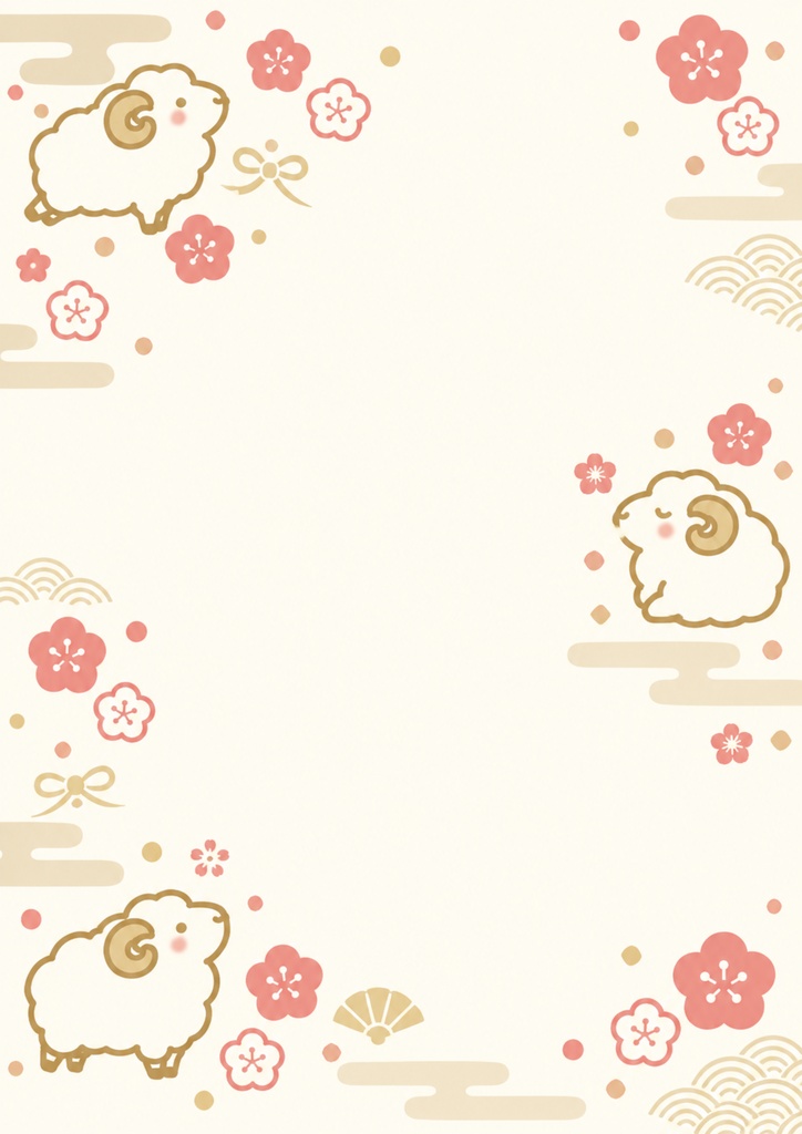 【2027年お正月】ほっこり羊と梅の花|A4背景素材&お年玉袋テンプレート 全6種類セット|PNG・印刷用デジタル素材