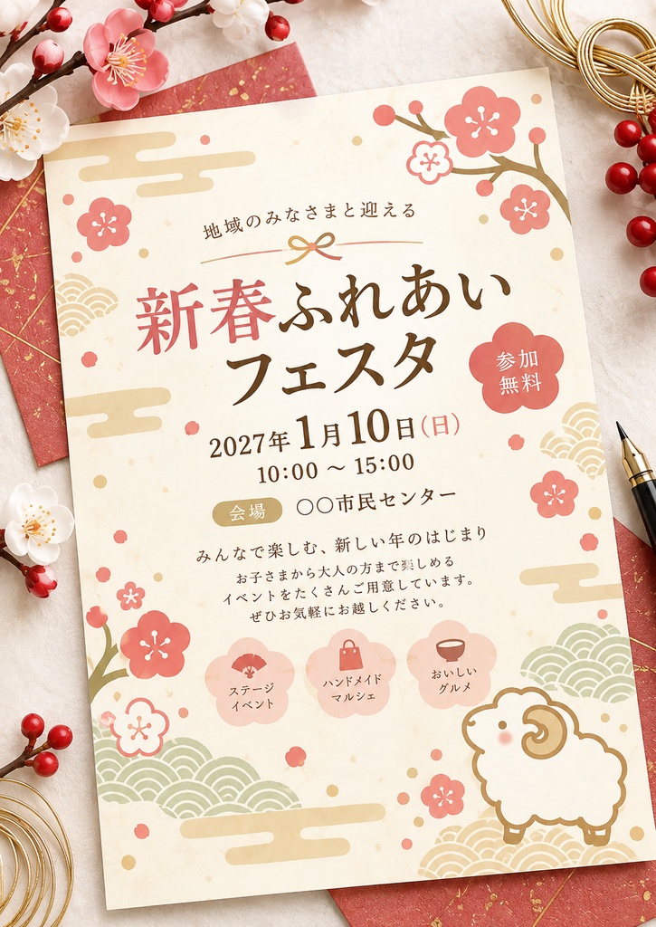 【2027年お正月】ほっこり羊と梅の花|A4背景素材&お年玉袋テンプレート 全6種類セット|PNG・印刷用デジタル素材