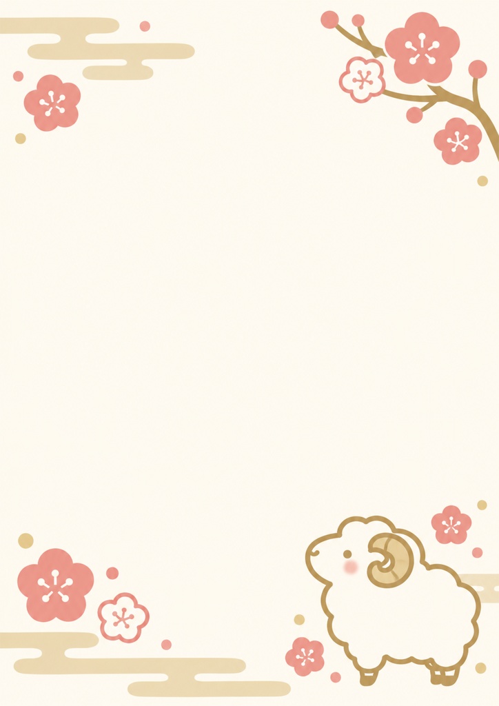 【2027年お正月】ほっこり羊と梅の花|A4背景素材&お年玉袋テンプレート 全6種類セット|PNG・印刷用デジタル素材