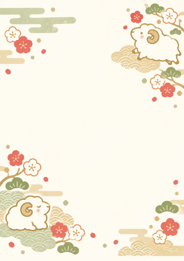 【2027年お正月】ほっこり羊と梅の花|A4背景素材&お年玉袋テンプレート 全6種類セット|PNG・印刷用デジタル素材