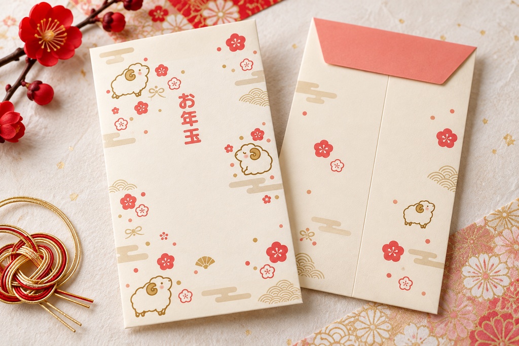 【2027年お正月】ほっこり羊と梅の花|A4背景素材&お年玉袋テンプレート 全6種類セット|PNG・印刷用デジタル素材