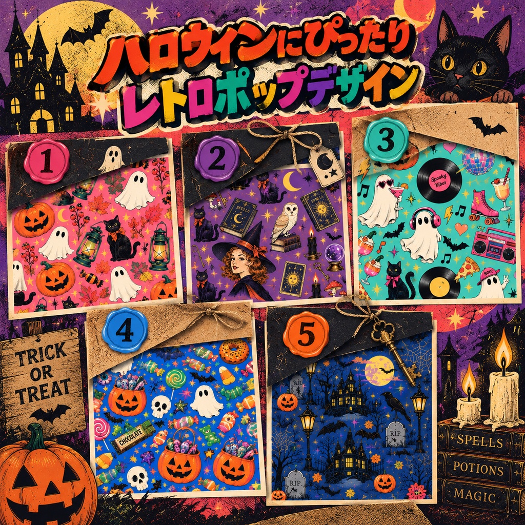 レトロポップなハロウィン柄｜シームレスパターン・デジタルペーパー 5種セット｜背景素材