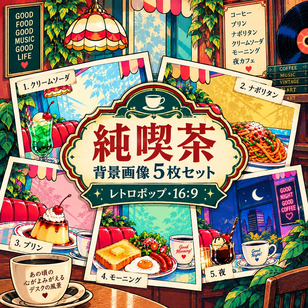 【背景素材5枚セット】レトロポップな純喫茶｜16:9・1920×1080px
