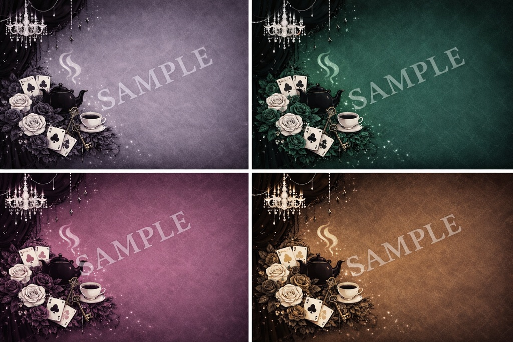 ゴシック×ヴィクトリアン 背景素材セット|ティーポットと薔薇