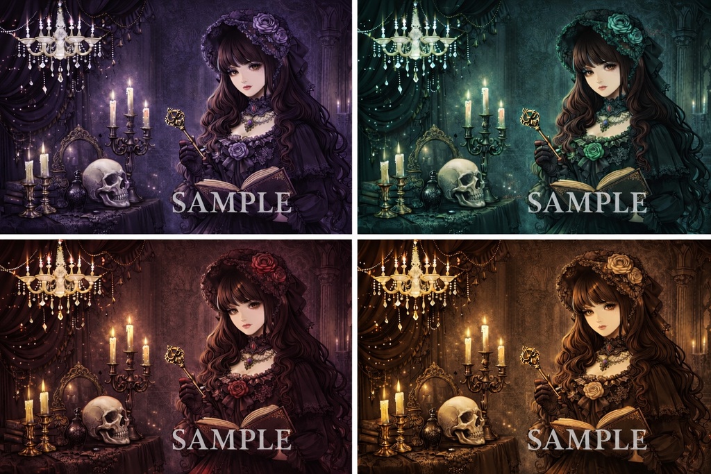 ゴシック×ヴィクトリアン背景素材|ダークファンタジー/女の子イラスト(色違いセット)