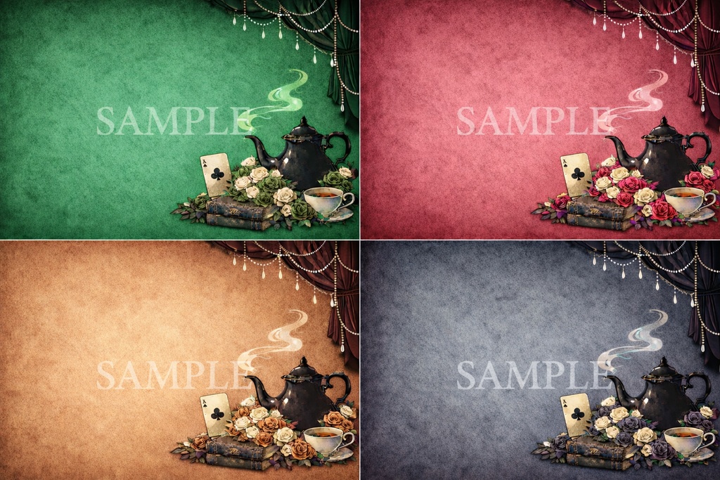 ゴシック×ヴィクトリアン背景素材|ティーポットと薔薇のシックなサムネ用画像セット