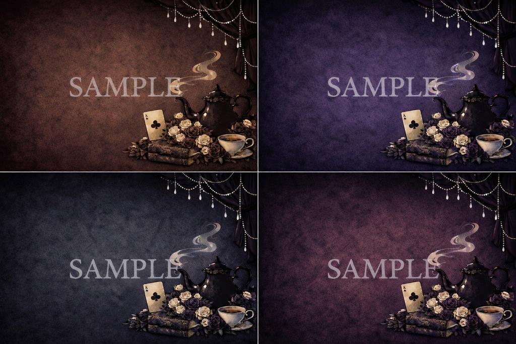 ゴシック×ヴィクトリアン背景素材｜ティーポットと薔薇のシックなサムネ用画像セット