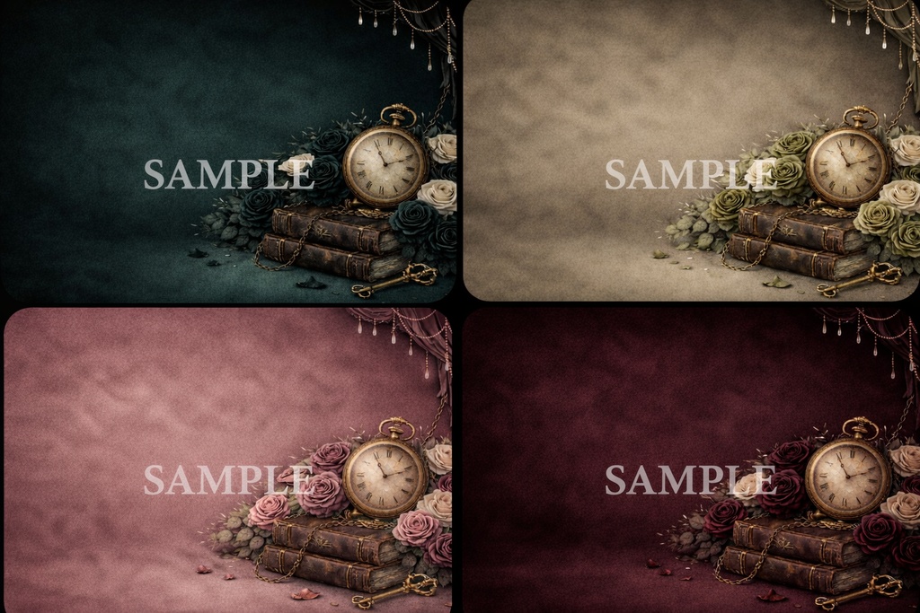 ゴシック×ヴィクトリアン背景素材|懐中時計と薔薇のアンティークサムネ用画像セット