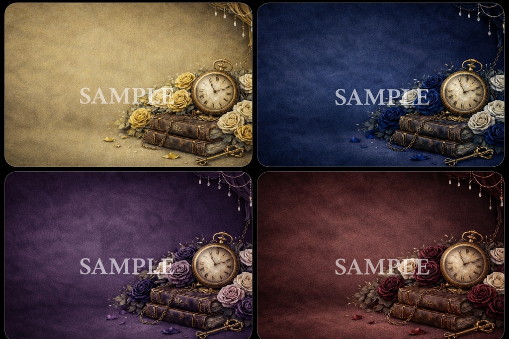 ゴシック×ヴィクトリアン背景素材|懐中時計と薔薇のアンティークサムネ用画像セット