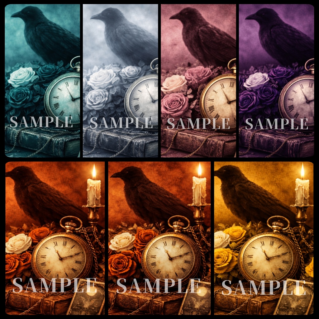 ゴシック×ヴィクトリアン背景素材セット¦アンティーク静物¦カラスと懐中時計