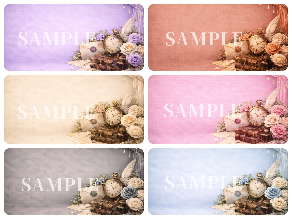 ゴシックヴィクトリアン背景素材|アンティーク時計と薔薇【カラーver.】