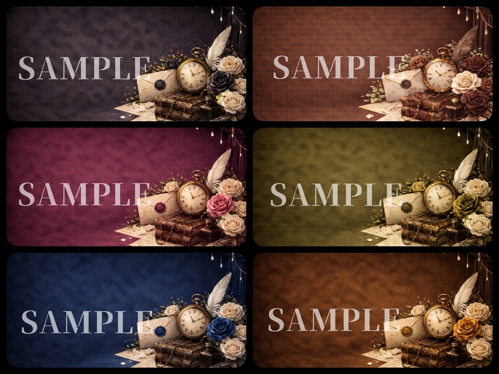 ゴシックヴィクトリアン背景素材｜アンティーク時計と薔薇【カラーver.】