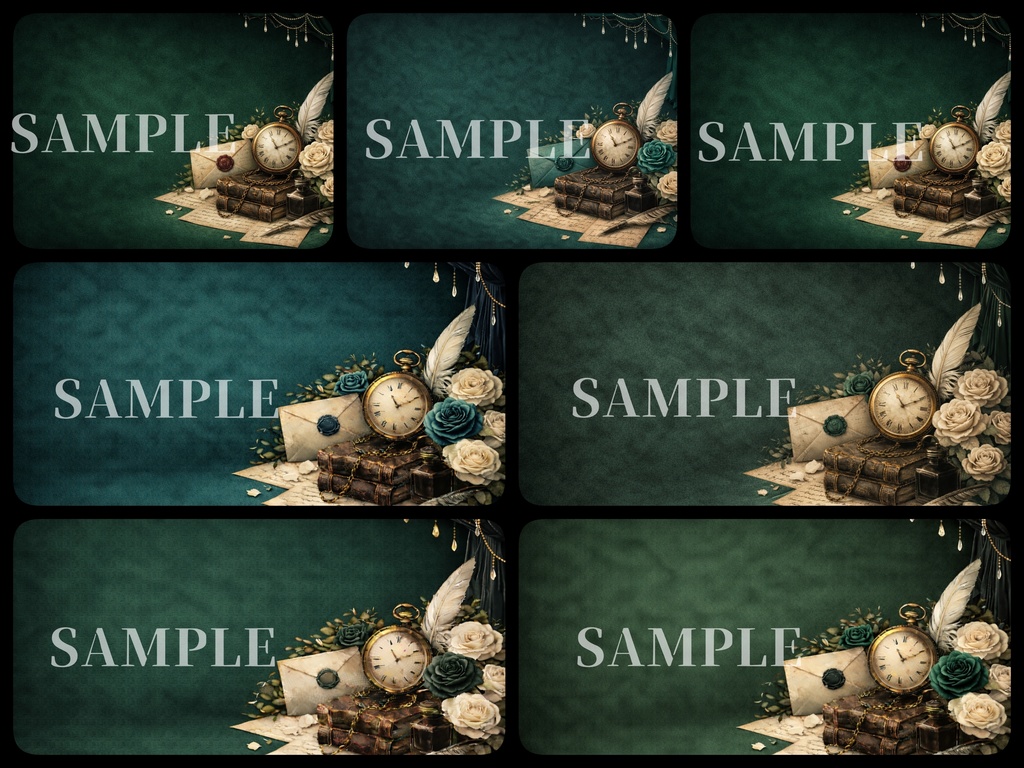 ゴシックヴィクトリアン背景素材|アンティーク時計と薔薇【カラーver.】