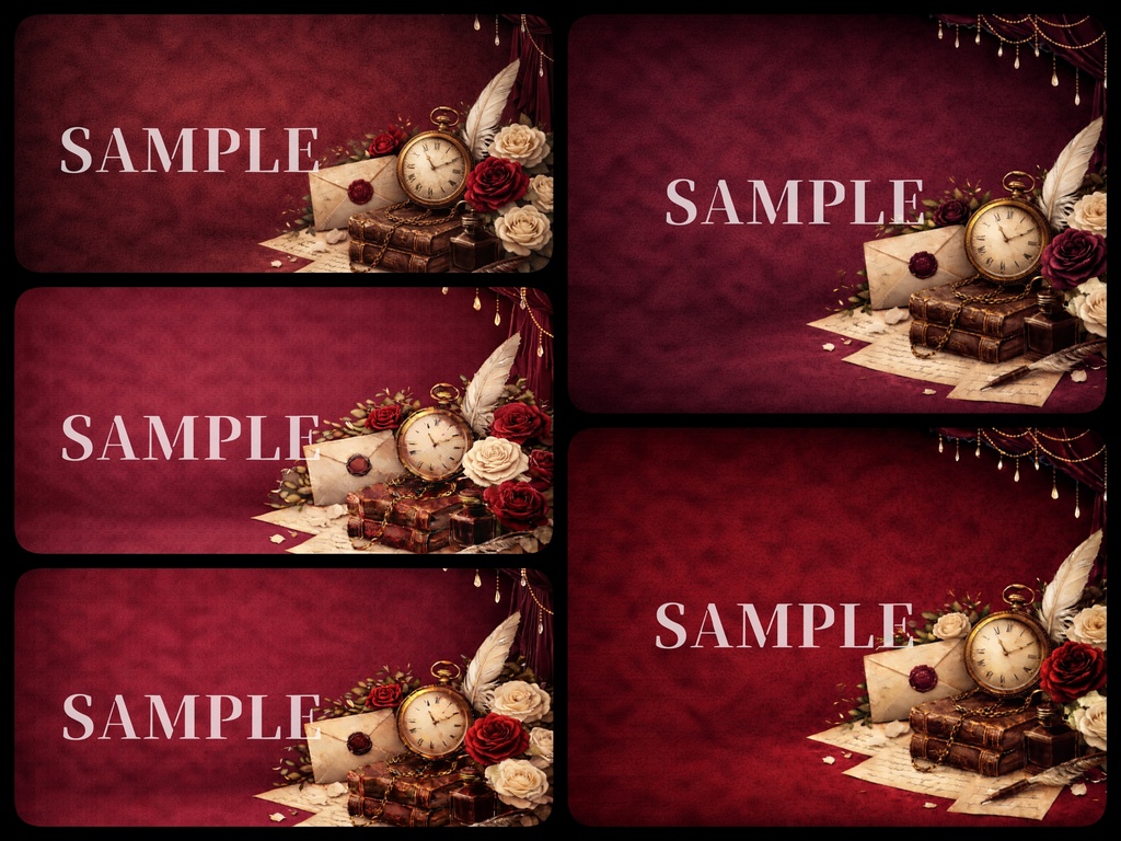 ゴシックヴィクトリアン背景素材|アンティーク時計と薔薇【カラーver.】