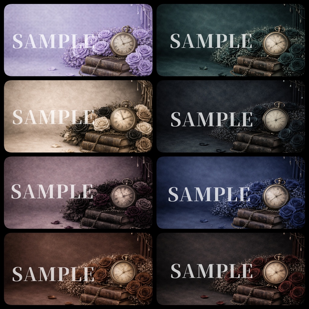 ゴシック×ヴィクトリアン背景素材（カラー違いセット）｜懐中時計と薔薇｜アンティークサムネ用画像