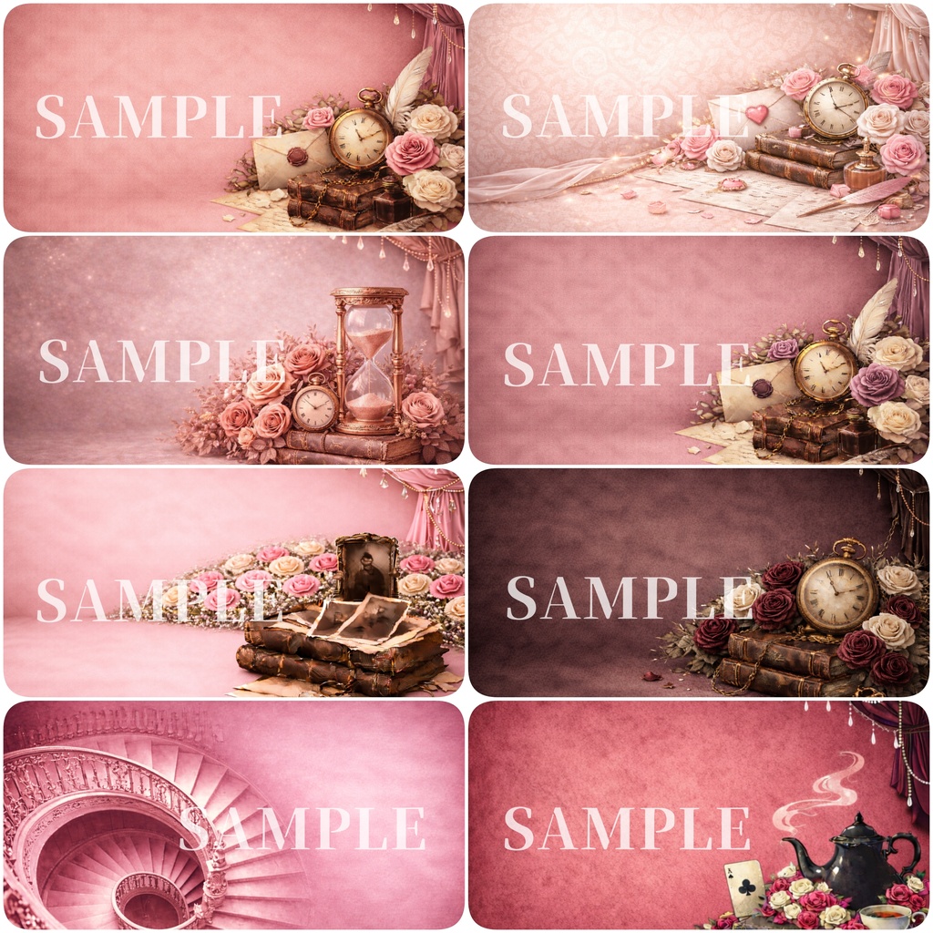 ゴシック×ヴィクトリアン背景素材（ピンク系まとめ）｜懐中時計と薔薇｜アンティークサムネ用画像31枚セット