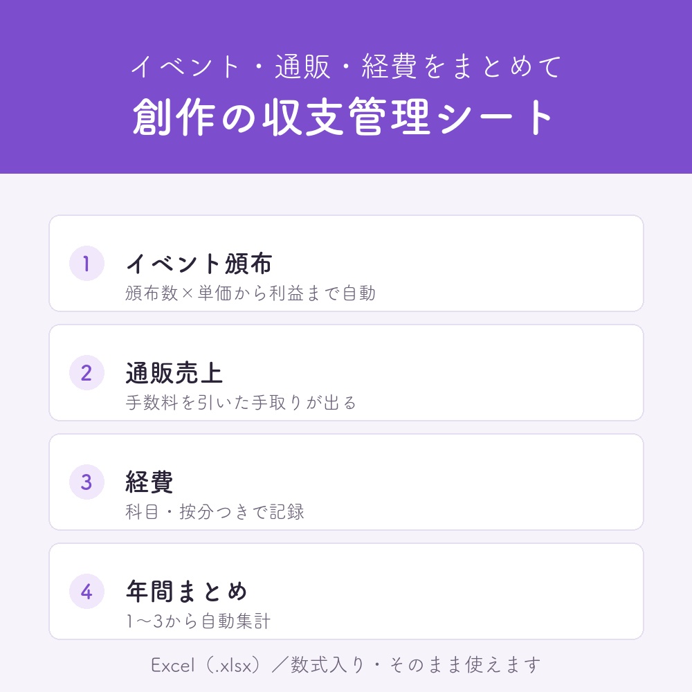 【Excel/エクセル】創作の収支管理シート｜同人イベント・通販・経費を1枚で自動集計｜確定申告テンプレート