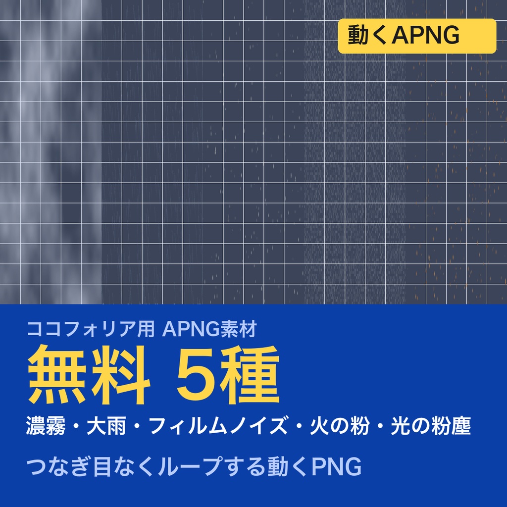 【無料】ココフォリア用 演出APNG素材 5種｜濃霧・大雨・フィルムノイズ・火の粉・光の粉塵【TRPG素材】