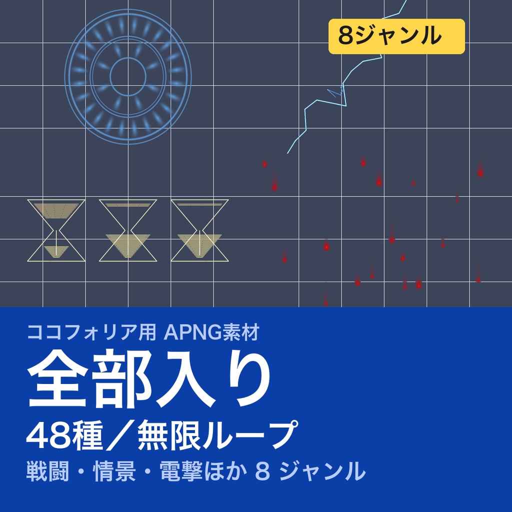 【TRPG素材】ココフォリア用 演出APNG素材集 8ジャンル全部入り 48種｜戦闘・情景・電撃・門・正気度・生死・罠・痕跡《各ジャンルに無料版あり》