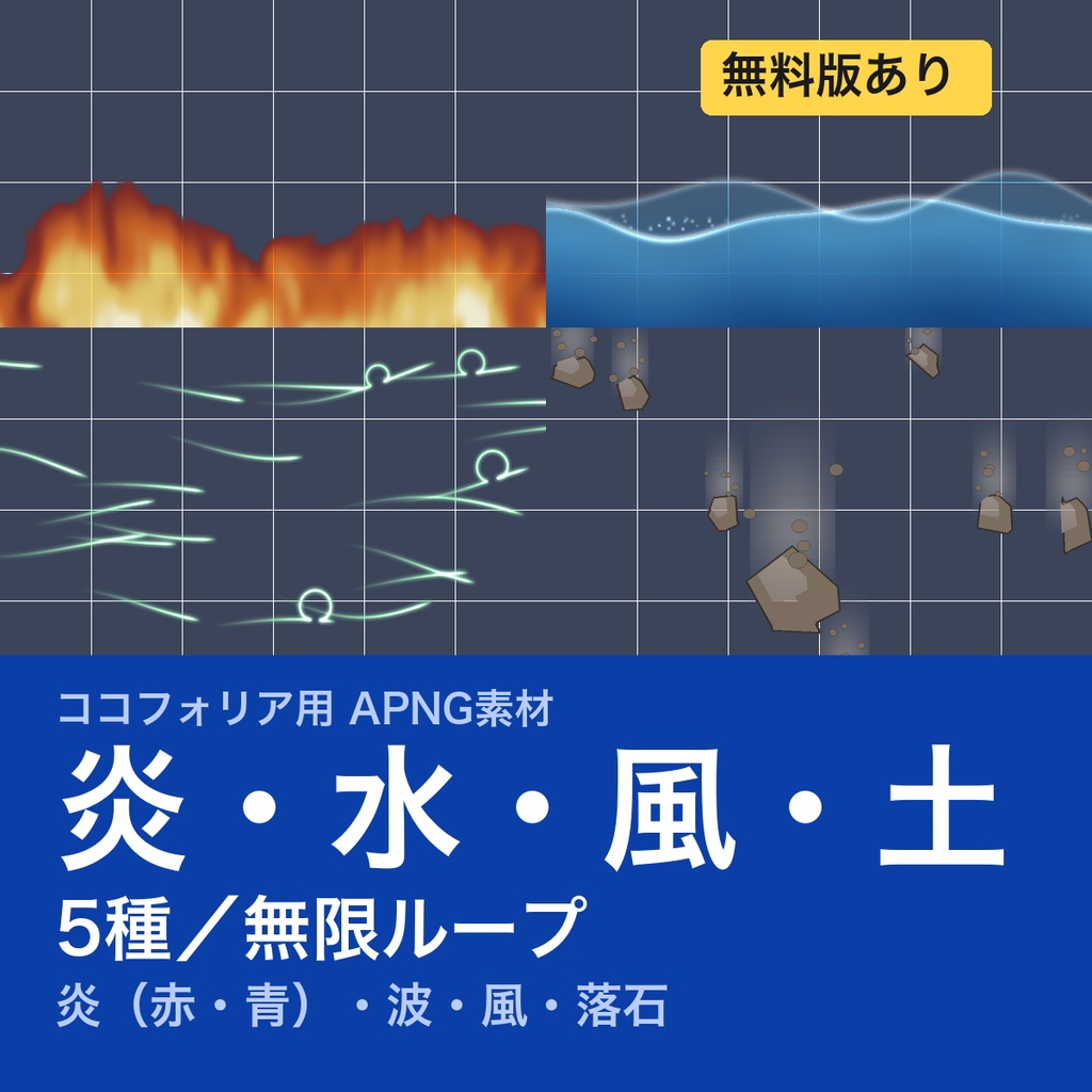 【TRPG素材】ココフォリア用 炎・水・風・土APNG素材集 5種｜炎（赤/青）・波・風・落石《無料版あり》