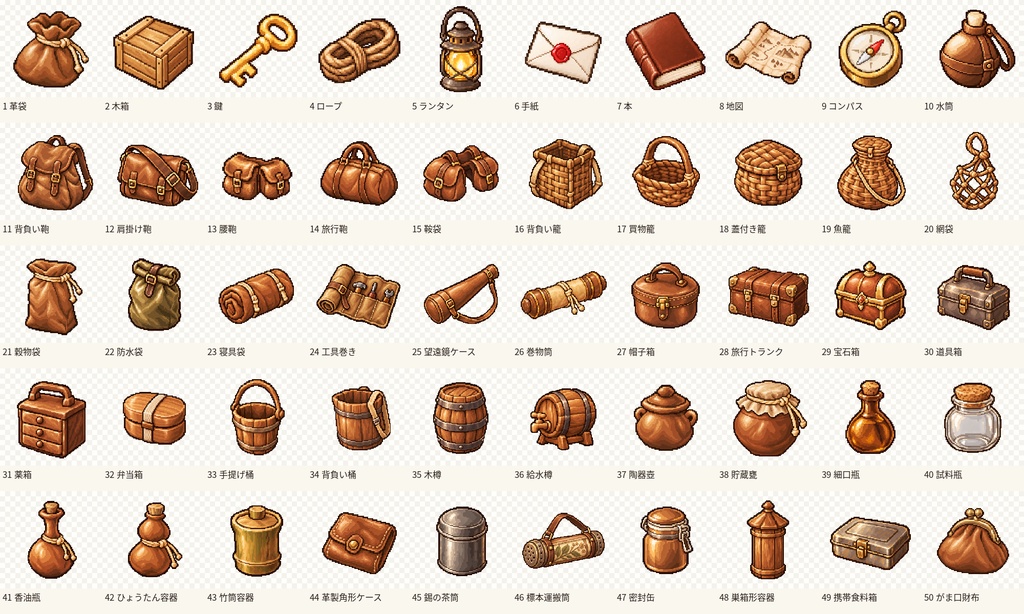 【AI生成・商用利用可】冒険・生活小物イラスト素材500種類|透過PNG・400/128/64px
