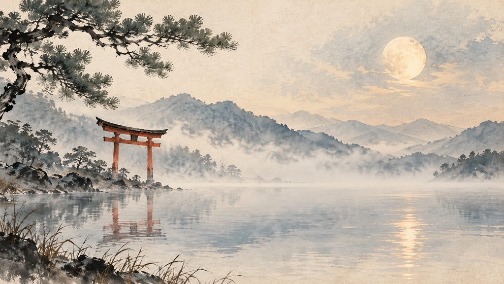 和モダン 鳥居と月の湖畔背景素材｜PC壁紙・配信背景