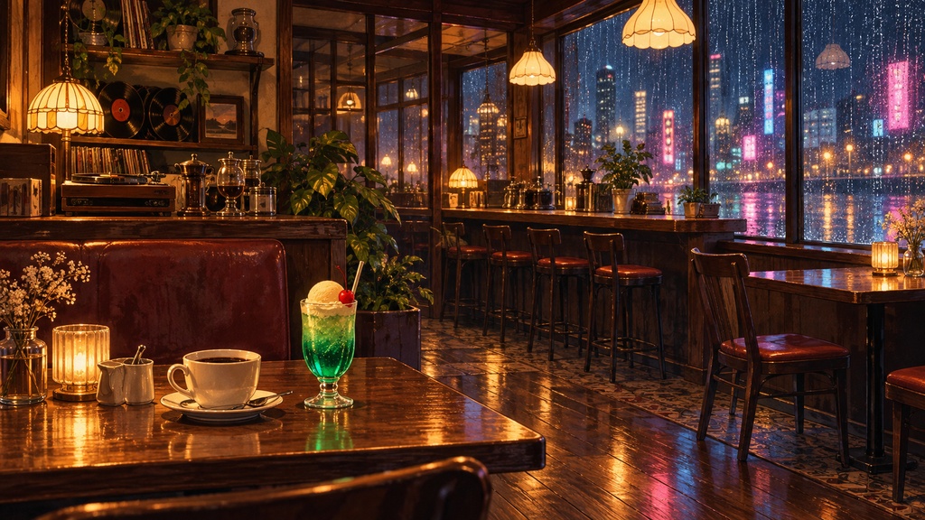 雨夜のレトロ喫茶 背景素材｜PC壁紙・配信背景