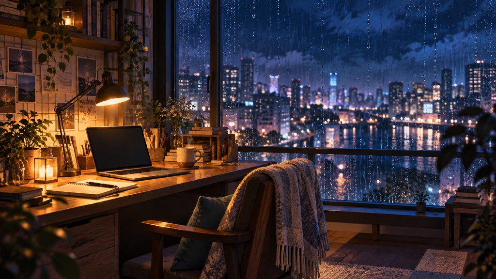 雨夜のLo-fi作業部屋 背景素材｜PC壁紙・配信背景