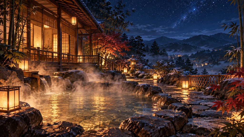 和風温泉旅館の夜 背景素材｜PC壁紙・配信背景