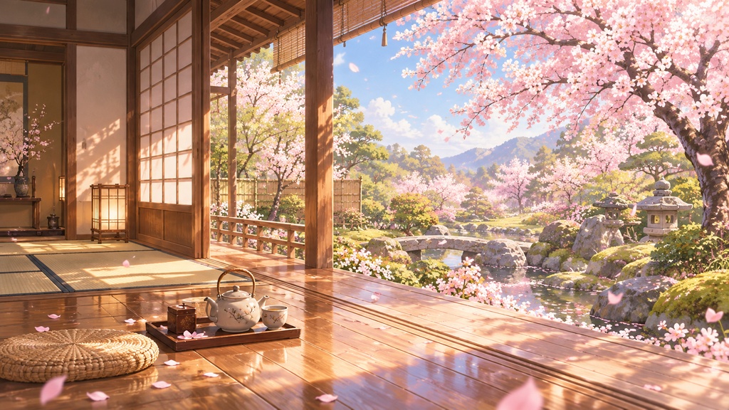 桜の縁側 春の背景素材｜PC壁紙・配信背景