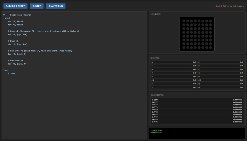 【学習用】ARMアセンブリ言語シミュレータ — スタックモニタ＆8x8 LED行列対応版