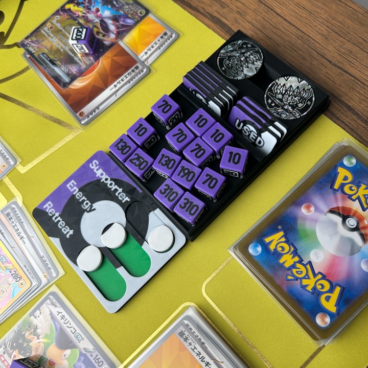 ポケカ プレイセット紫ダメカンダイス・USEDマーカー・チェッカー&ケース