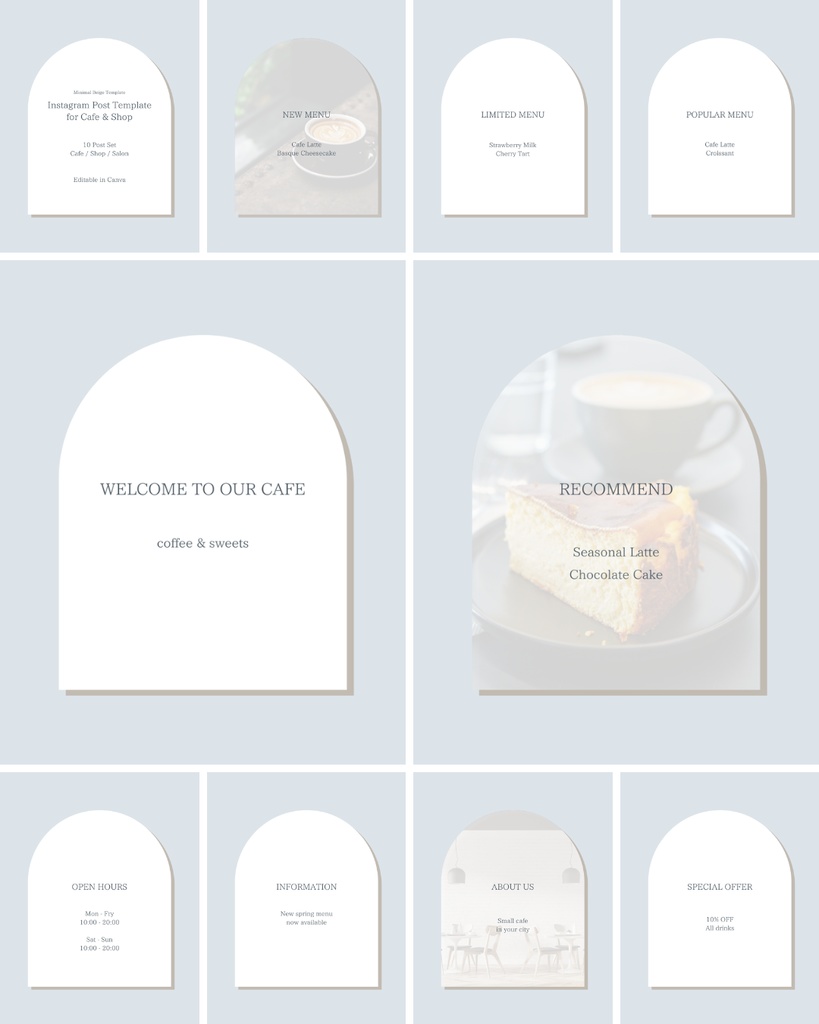 Instagram投稿テンプレート(Canva編集可・10セット)カフェ/ショップ向け