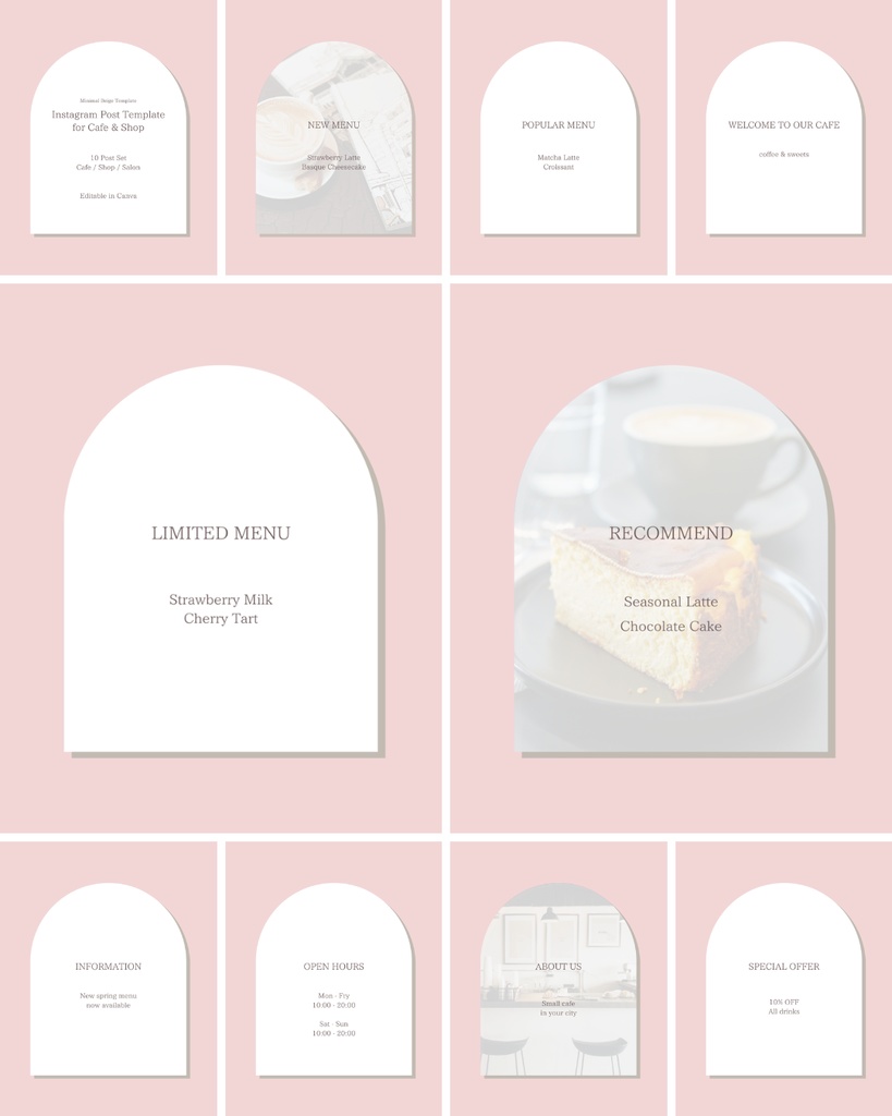 Instagram投稿テンプレート(Canva編集可・10セット)カフェ/ショップ向け