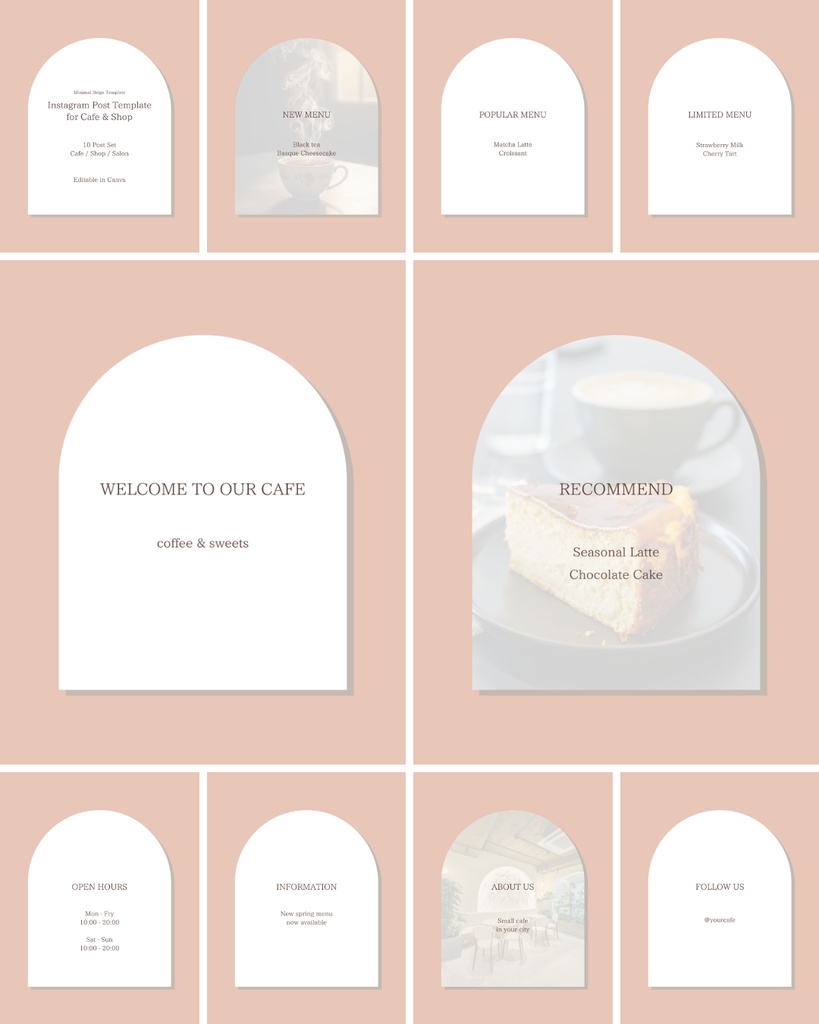 Instagram投稿テンプレート(Canva編集可・10セット)カフェ/ショップ向け