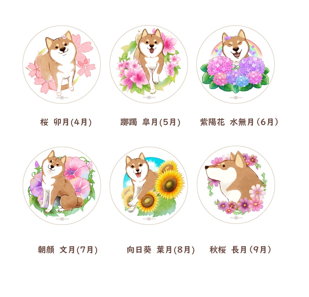 柴犬さんと花便り缶バッチ（4月～9月）