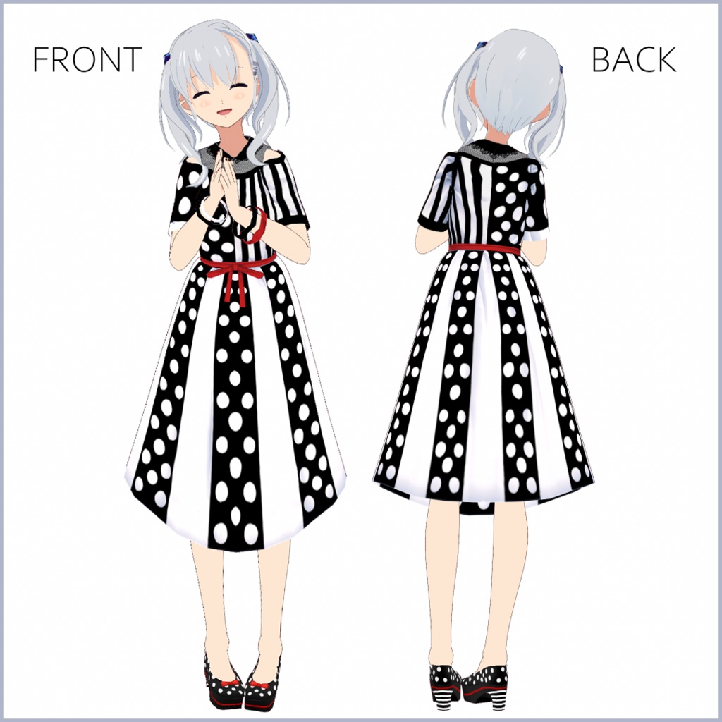 【#VRoid】モノクロ水玉ドットボーダーワンピコーデ【正式版対応済み】