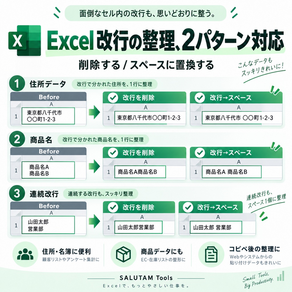 Excel セル内改行整理ツール|改行削除・スペース置換を1クリック