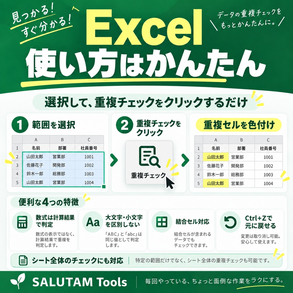 Excel 重複データチェックツール|重複セルを1クリックで色付け