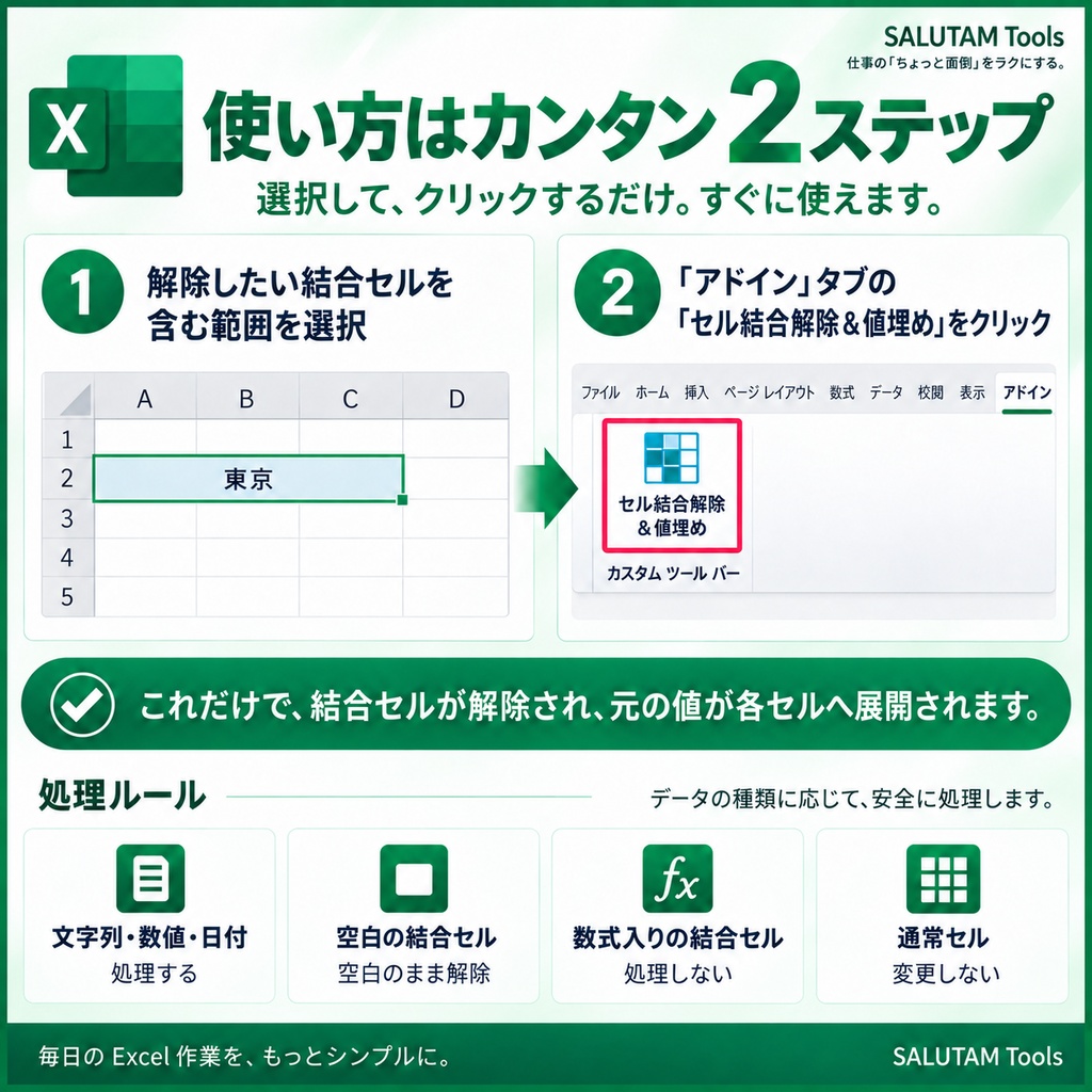 Excel セル結合 一括解除&値埋めツール