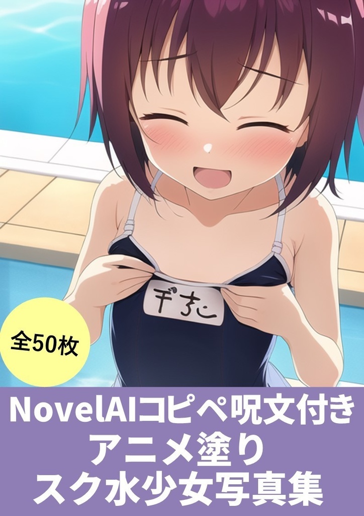 【NovelAIかんたんコピペ呪文付き】(アニメ塗りスク水少女写真集)50枚
