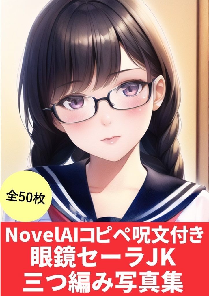 【NovelAIかんたんコピペ呪文付き】(眼鏡セーラー三つ編みJK写真集)50枚