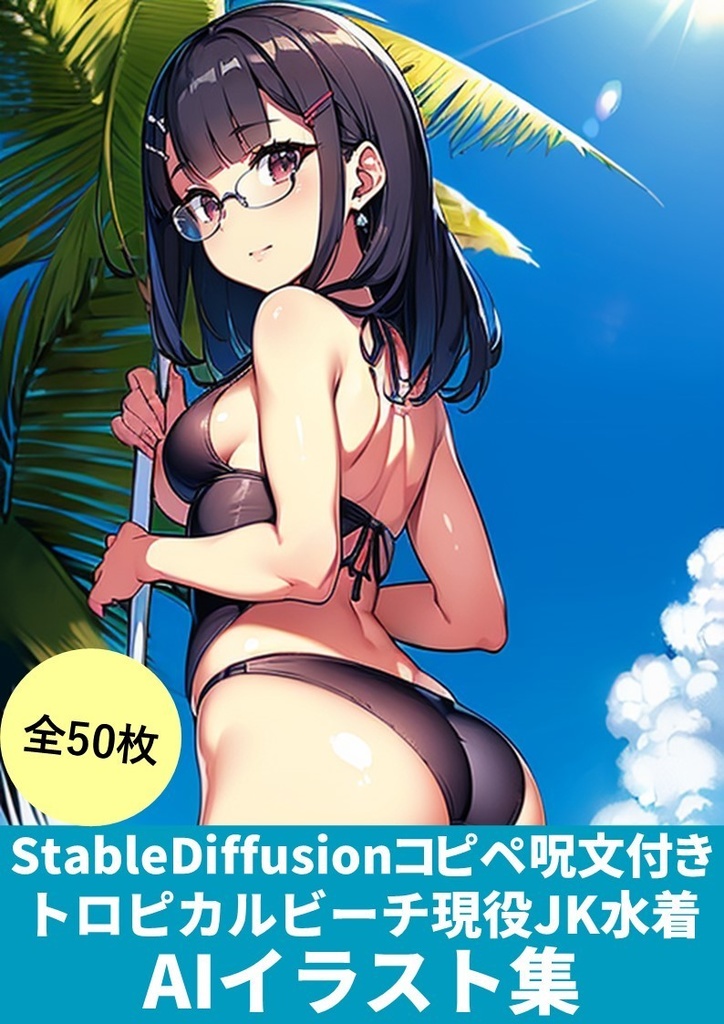 トロピカルビーチ現役JK水着【StableDiffusionかんたんコピペ呪文付き】(AIイラスト集)50枚