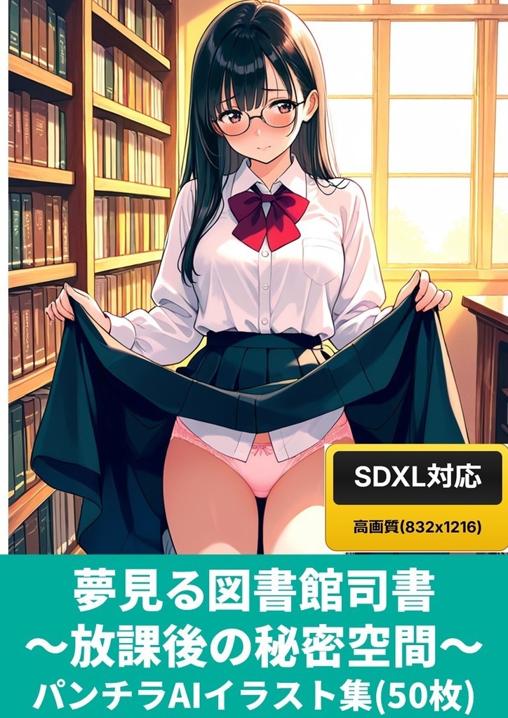 「夢見る図書館司書 ~放課後の秘密空間~」パンチラAIイラスト集50枚【SDXL対応・プロンプト付き】