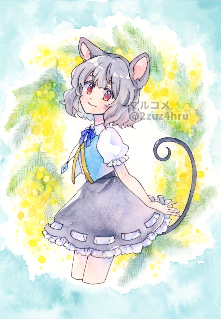 【額付き水彩原画】ミモザとナズーリン