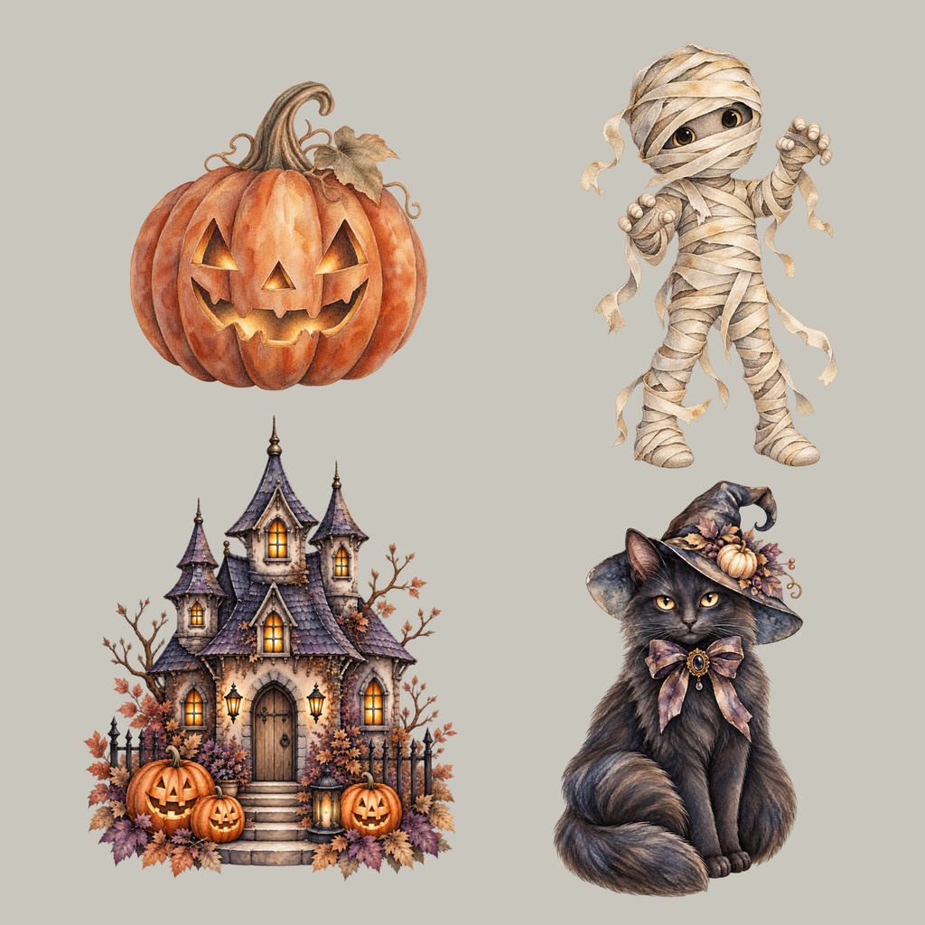 幻想的なくすみカラー ハロウィン水彩クリップアート20点|背景透過PNG・300dpi