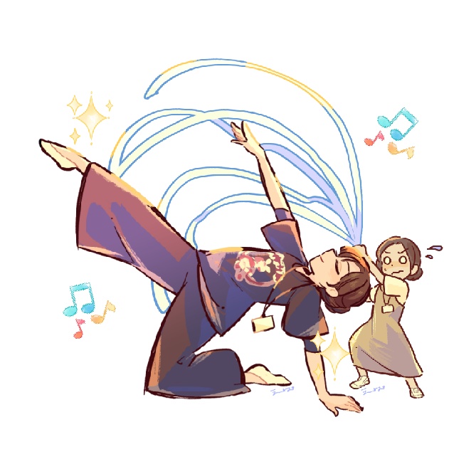 ポーズをとる美女と、必死にリボンを投げる女のアクリルチャーム